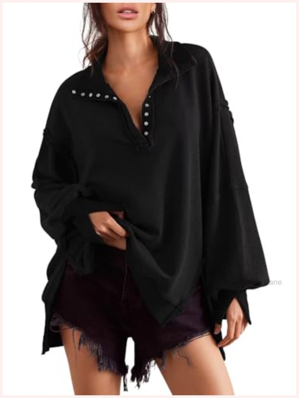 Oversized Henley Sweatshirt Button Down V-Neck Tunic Top High-Low Hem